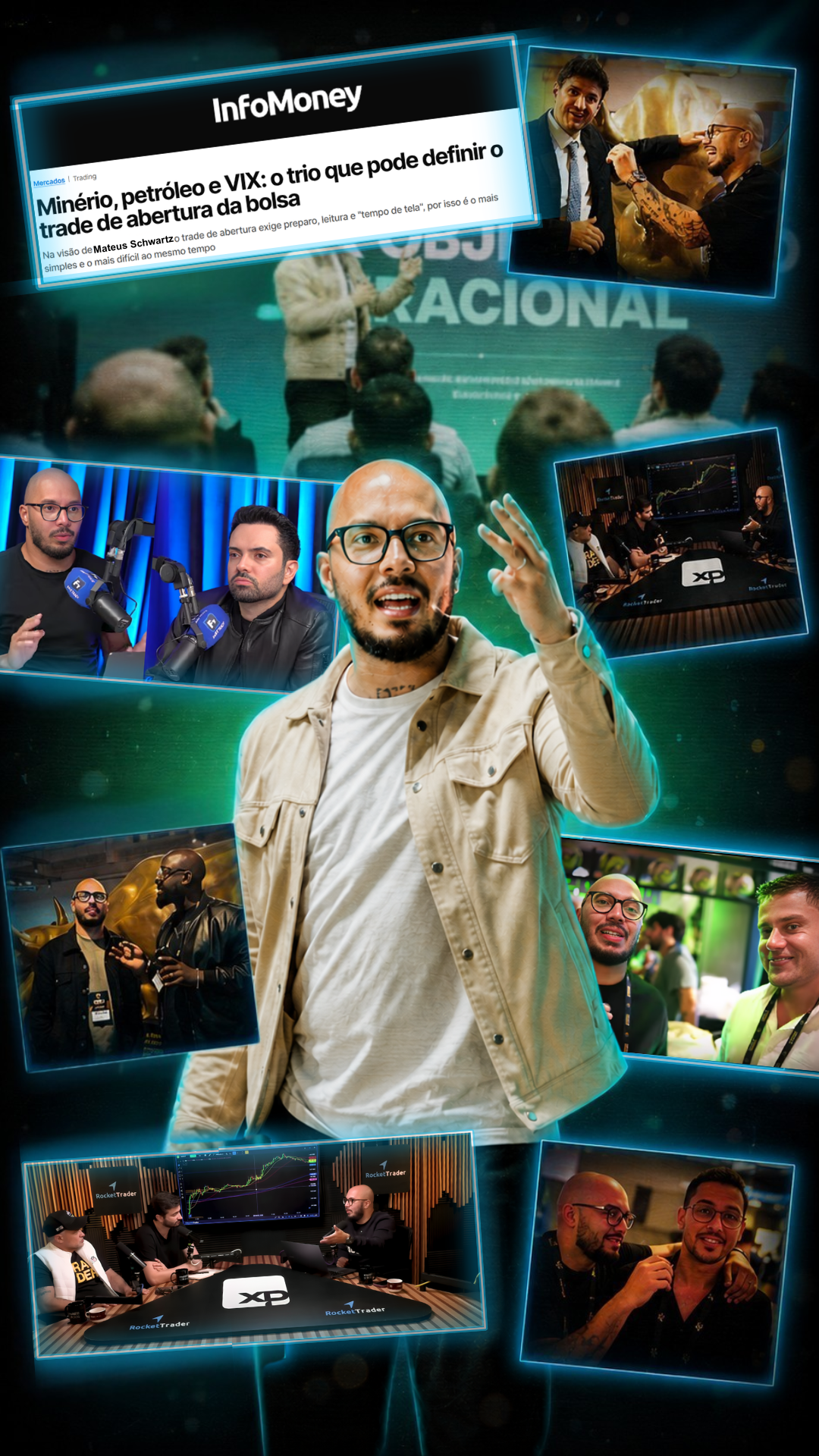 Mateus Schwartz operando ao vivo, com matéria da InfoMoney e cenas de podcast e mentoria